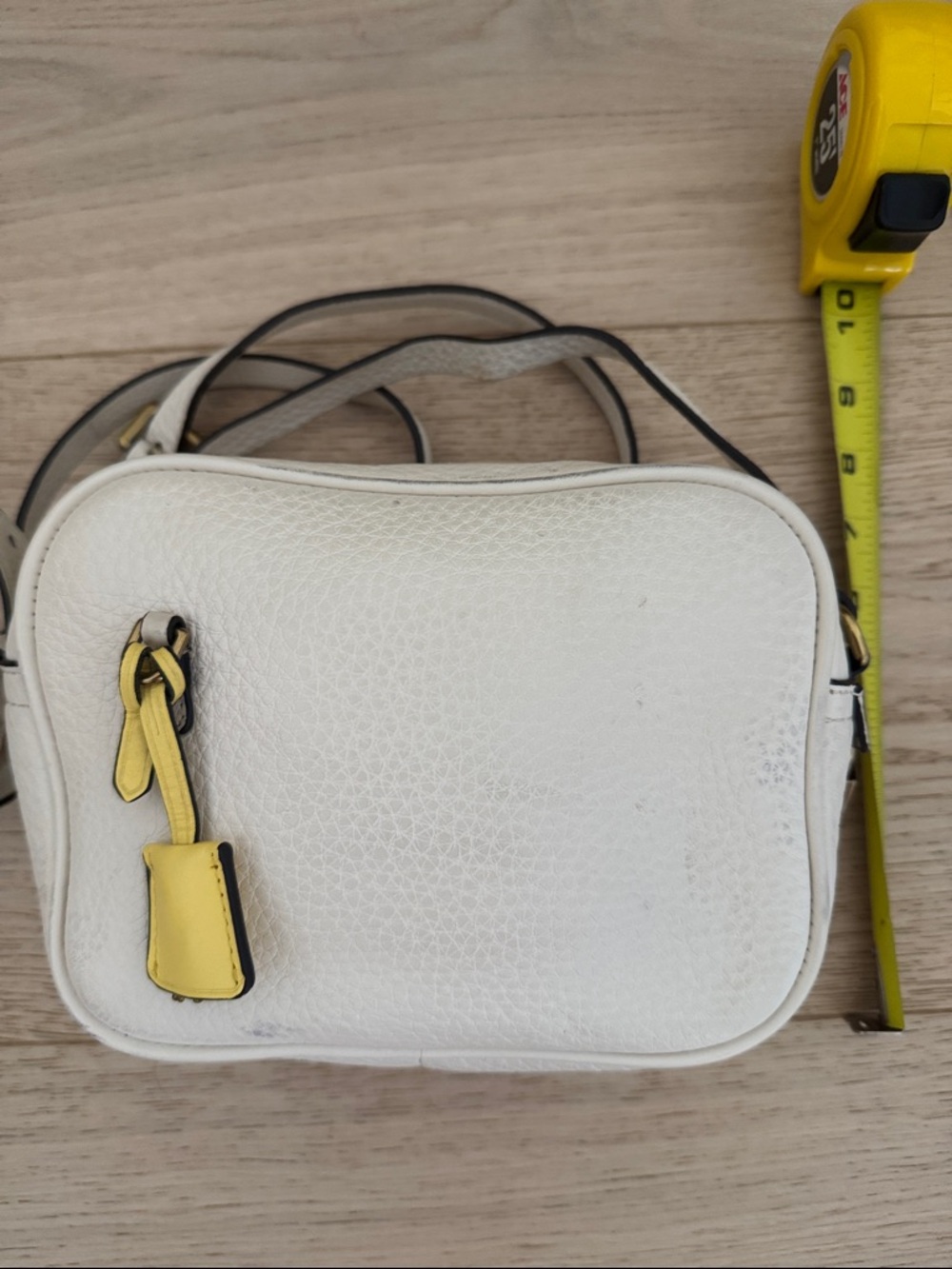 J. Crew Signet Cream Pebbled Leather Crossbody Camera Bag w/Yellow Key Fob.